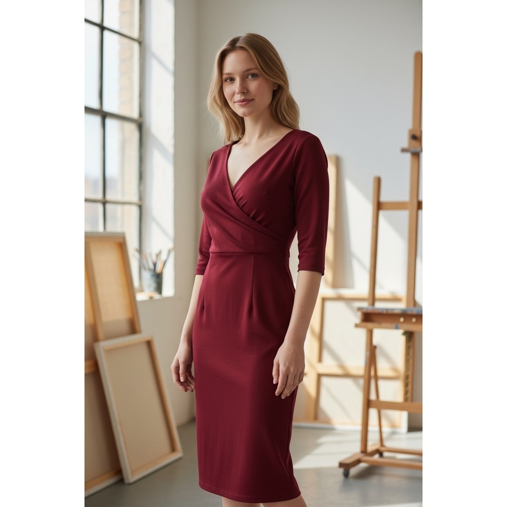 MUXXN Boutique Burgundy Wrap V-Neck 3/4 Sleeve Retro Wiggle Pencil Dress Medium